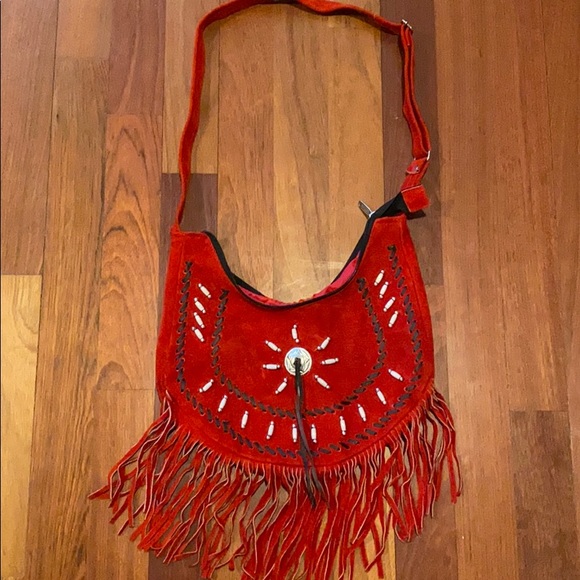 Handbags - Red Aztec fringe crossbody boho purse